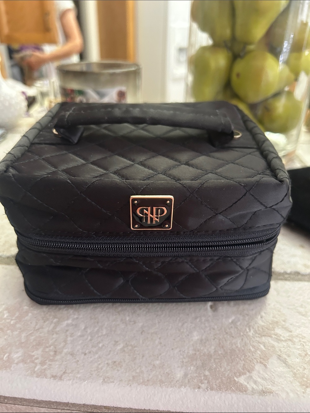 PurseN Quilted Black Cosmetic Case with Gold-logo Accent
